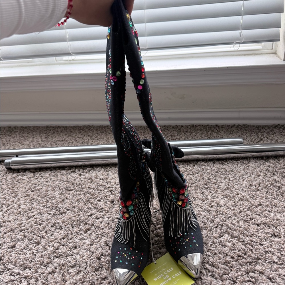 Gianni Bini Blue Jean Boots with Multicolor Accents - Picture 3 of 4